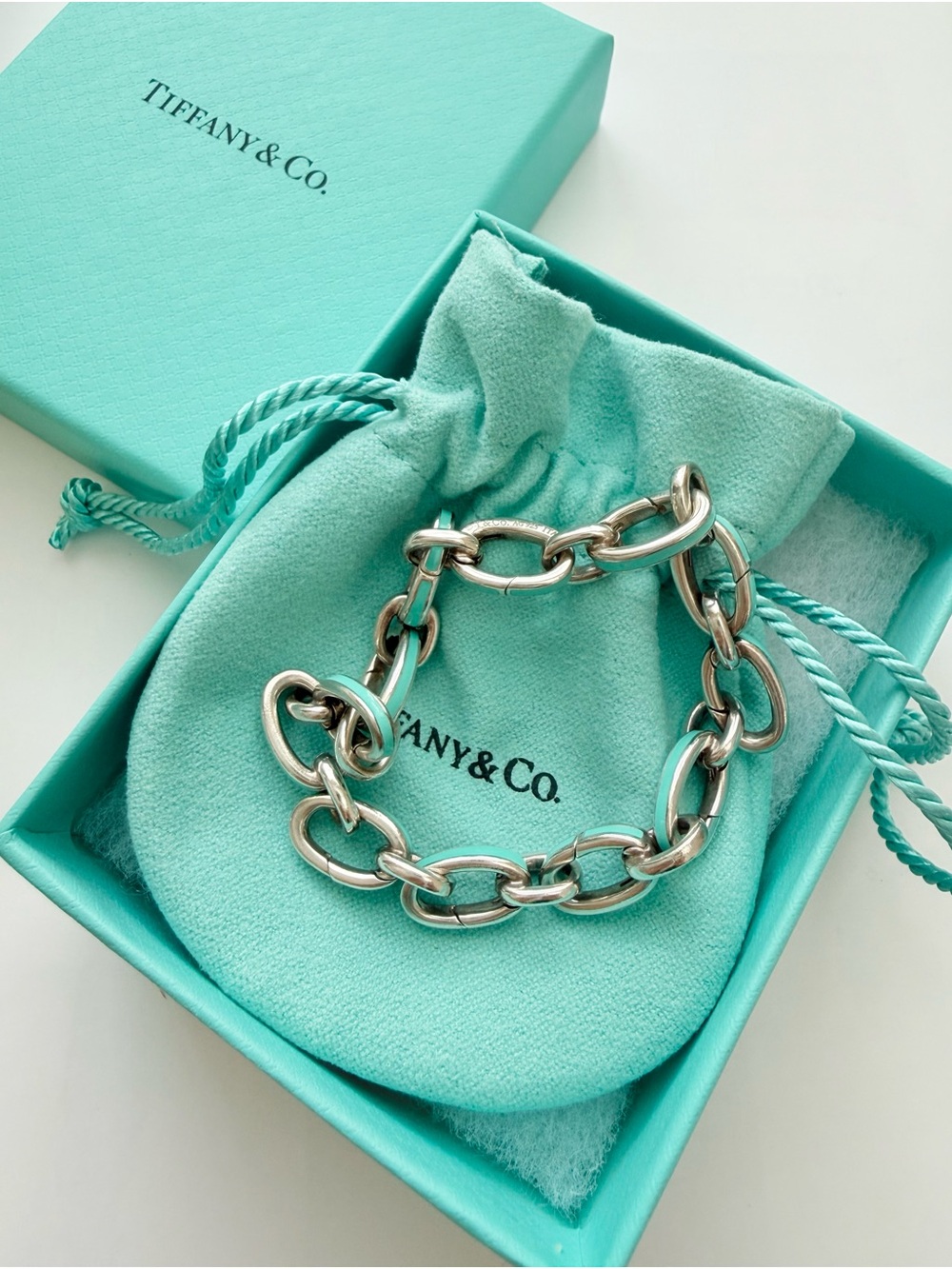 RARE Tiffany & Co Blue Enamel Clasping Oval Link Bracelet Sterling Silver 7.5"